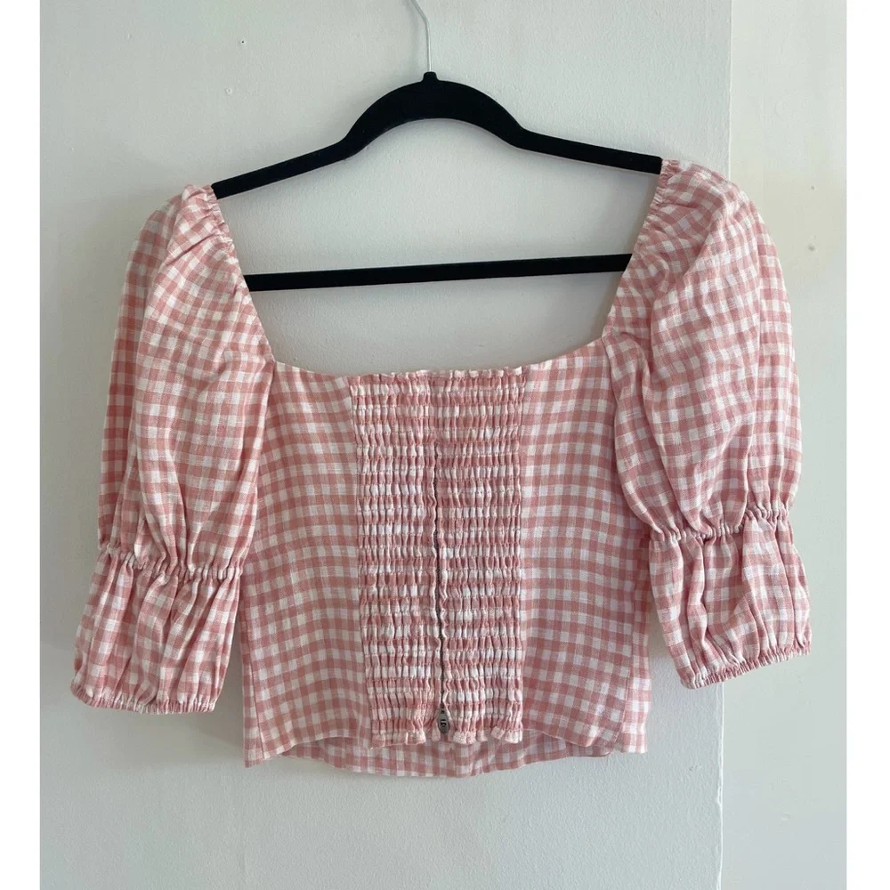 Reformation Norton Linen Top Blush Check - Picture 3 of 6